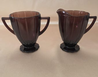 Hazel Atlas Amethyst Purple Newport Hairpin Sugar & Creamer Depression Glass