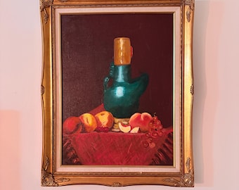 Vintage Still Life Painting – Ornate Gold Frame, Dark Academia Wall Art