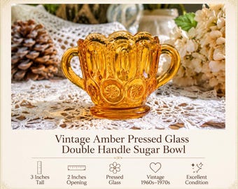 Vintage Amber Pressed Glass Sugar Bowl | Double Handle Scalloped Rim Dish