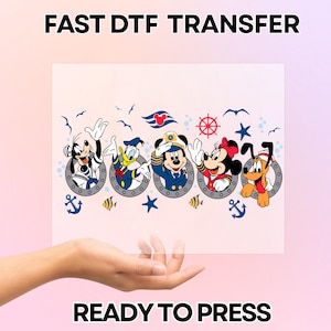 May include: A clear, rectangular DTF transfer featuring cartoon characters Goofy, Donald Duck, Mickey Mouse, Minnie Mouse, and Pluto in nautical-themed portholes. The transfer includes the text "FAST DTF TRANSFER" and "READY TO PRESS".