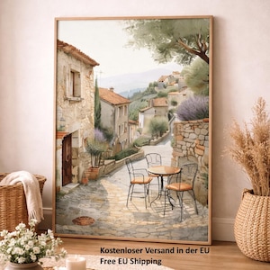 Provence Village Poster | French Café Street Scene | Mediterranean Wall Art | Vintage Travel Style | Free Shipping EU | EU Versand Frei
