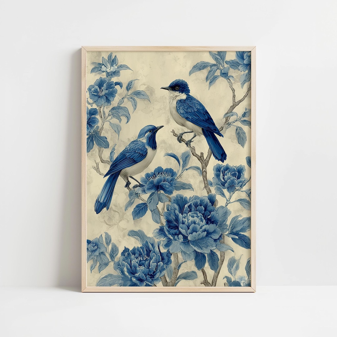 Chinoiserie Wall Art Blue Bird Botanical Print Digital Download - Etsy