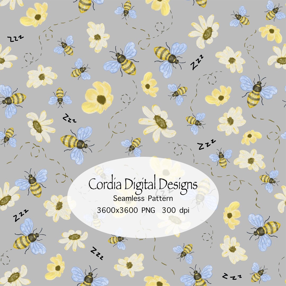 Seamless Pattern Bees and Daisies Digital Paper PNG for Fabric Printing ...