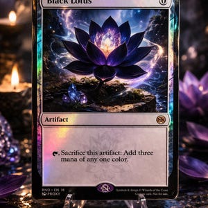 May include: A Black Lotus card with a dark purple lotus flower at the center. The card has a black border and the text "Black Lotus" at the top. The card is an artifact and has the text "Sacrifice this artifact: Add three mana of any one color."