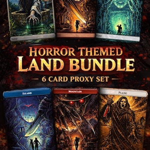 May include: A six-card proxy set featuring horror-themed land art. The cards include Swamp, Forest, Waste, Island, Mountain, and Plains. Each card has a unique, detailed illustration with a dark, eerie aesthetic. The text "HORROR THEMED LAND BUNDLE" is displayed prominently.