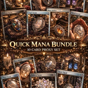 May include: A collection of ten MTG proxy cards, featuring fantasy art of gemstones and artifacts. The cards include "Sol Ring", "Arcane Signet", "Mana Crypt", and others. The text "QUICK MANA BUNDLE" and "MTG PROXY MANA ROCKS" are also visible.