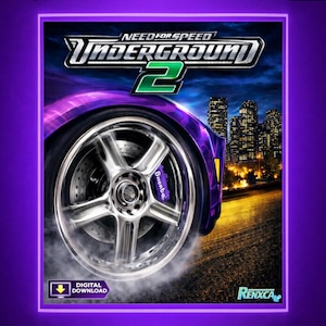 以下が含まれることがあります： ビデオゲーム「Need for Speed Underground 2」のデジタルダウンロード画像。紫色のスポーツカーのホイールのクローズアップで、ゲームのロゴと街並みが背景にあります。Bremboブレーキキャリパーが見えます。