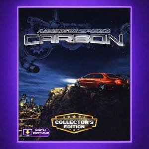 以下が含まれることがあります： ニード・フォー・スピード：カーボン コレクターズ・エディションのゲームカバー。赤いスポーツカーが夜の街を見下ろす崖の上にあります。ゲームタイトルは大きな銀色の文字で表示されています。デジタルダウンロードオプションが含まれています。