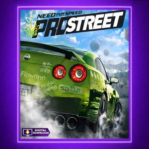 May include: A green sports car with the text "NEED FOR SPEED PROSTREET" on the cover of a video game. The car has red taillights and is emitting smoke. The game cover also includes the words "DIGITAL DOWNLOAD".