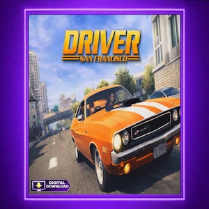 Puede incluir: La portada del videojuego "Driver: San Francisco" presenta un coche clásico naranja con rayas blancas. El título del juego está en letras doradas sobre el coche, con un paisaje urbano y cielo azul de fondo. Un icono de descarga digital está en la parte inferior izquierda.