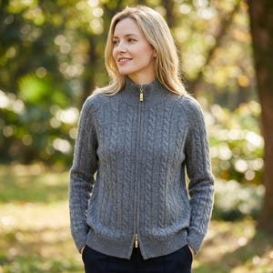 Cárdigan de lana merino con cremallera para mujer, suéter de punto trenzado, cárdigan grueso y cálido de invierno, chaqueta de punto acogedora para otoño.