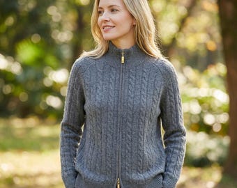 Cardigan à fermeture éclair en laine mérinos pour femme, Pull en maille torsadée, Cardigan d'hiver chaud et épais, Veste d'automne confortable en tricot