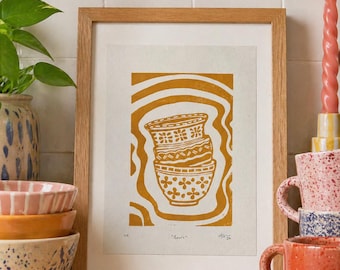 Stampa su linoleum di ciotole in ceramica (giallo), opera d'arte originale intagliata a mano