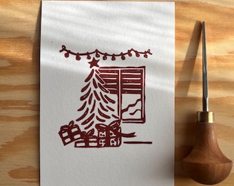 クリスマスプレゼントのリノカット版画｜手彫りの小さなホリデーウォールアート