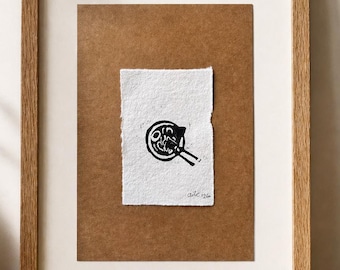 Tiny Ramen Linocut Print, Japanese Food Art, Original Hand-carved