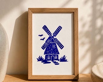 Linosnede van een Nederlandse windmolen | Landschapskunst voor aan de muur | Handgesneden origineel kunstwerk