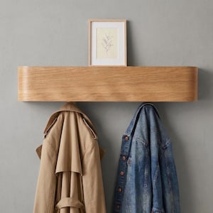 Modern Wall Coat Rack with Shelf | Wood and Wrought Iron Coat Hanger | Minimalist Entryway Storage | 5 Hooks Peg Rail | 3 Finishes