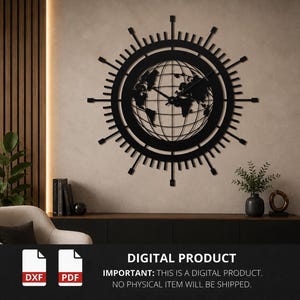 May include: A black wall clock featuring a world map design within a circular frame. The clock face includes longitude and latitude lines, surrounded by a sunburst-style border with radiating spokes. The hands are black and centred on the map.