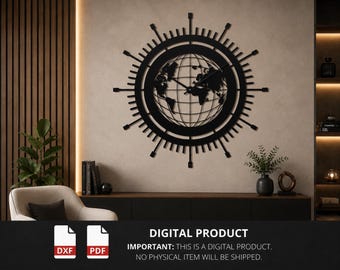 World Map Metal Clock SVG | Laser Cut Compass Design (Digital Download)