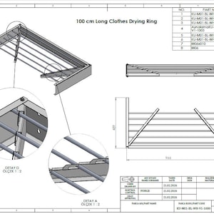 Può includere: Disegno tecnico di un anello per asciugare i vestiti lungo 100 cm. Il disegno include viste dettagliate, dimensioni e numeri di parte. Il design presenta un telaio rettangolare con più barre parallele.