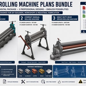 Könnte beinhalten: Digitales Planpaket für eine 3-in-1-Walzmaschine. Enthält drei Designs: Industriemotor, kompakte manuelle und Hochleistungs-Getriebe. Zylinderlängen von 760 mm bis 3200 mm. Geeignet für Metallverarbeitung und Werkstätten. Detaillierte Zeichnungen enthalten.