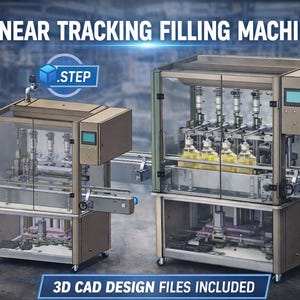 Op de afbeelding: Afbeelding van twee industriële lineaire tracking vulmachines. De machines zijn gemaakt van metaal en glas, met een bedieningspaneel en een transportband. De tekst "LINEAR TRACKING FILLING MACHINE" en "3D CAD DESIGN FILES INCLUDED" zijn zichtbaar.
