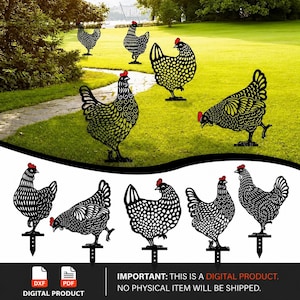 Puede incluir: Arte de jardín de metal negro con detalles de cresta roja que representan gallinas. La imagen muestra varias siluetas decorativas de gallinas en un entorno exterior cubierto de hierba. Algunas están de pie y otras están montadas sobre estacas. El texto dice: PRODUCTO DIGITAL. NO SE ENVIARÁ NINGÚN ARTÍCULO FÍSICO.