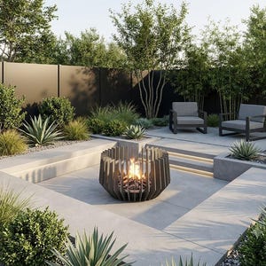 Op de afbeelding: Een ronde metalen vuurkorf met verticale lamellen en een brandend vuur, geplaatst in het midden van een verzonken betonnen terras met ingebouwde zitplaatsen, omringd door diverse groene planten en twee grijze buitenfauteuils.