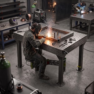 May include: A heavy-duty steel welding table featuring a grid of circular holes across the surface, supported by four sturdy legs. The table is equipped with various metal clamps and fixtures, providing a stable workspace for metal fabrication tasks.
