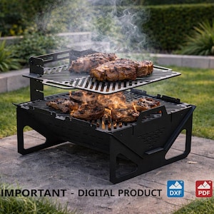 May include: A black metal grill with two levels, grilling steaks over an open flame. Smoke rises from the cooking meat. The text "IMPORTANT - DIGITAL PRODUCT" is at the bottom.