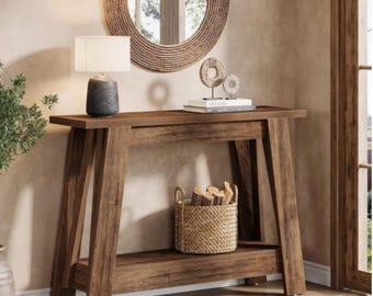 Small Weathered Oak Console Table, 41 inch Slim Entryway Bench, Modern 2 Tier Hallway Furniture, Japandi Wood Side Table, Narrow Bench
