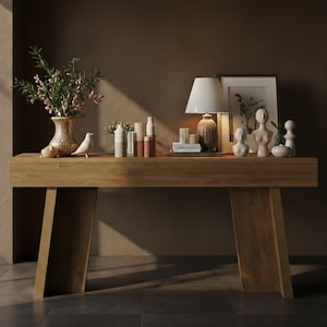 Extra Long 71 inch Chunky Console Table, Natural Oak Finish Entryway Bench, Modern Japandi Sofa Table, Minimalist Thick Wood Sideboard