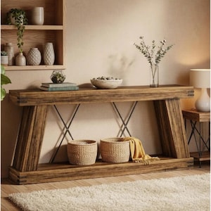 May include: A rustic wooden console table with a lower shelf and angled legs. Two woven baskets and a yellow throw are on the shelf. The table has metal accents and a natural wood finish. A vase with greenery and a bowl are on top.