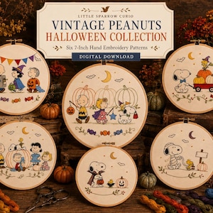 May include: A collection of six circular embroidery hoops featuring Peanuts characters in Halloween costumes, including Snoopy, Charlie Brown, and Lucy. The patterns include pumpkins, candy, and bats. Text reads: Little Sparrow Curio Vintage Peanuts Halloween Collection Six 7-Inch Hand Embroidery Patterns Digital Download.
