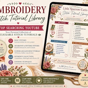 May include: A digital embroidery stitch tutorial library displayed on a tablet screen, featuring over 30 curated guides, categorised sections for basic, decorative, and specialty stitches, floral illustrations, and text titled Little Sparrow Curio.