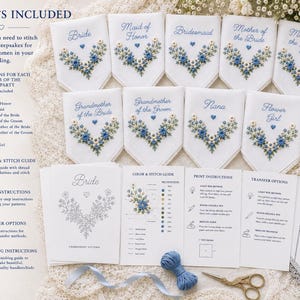 May include: A DIY embroidery kit for wedding handkerchiefs featuring nine white fabric squares with blue floral designs and titles like Bride and Maid of Honor. Includes printed instruction sheets, a color guide, blue embroidery thread, and scissors.