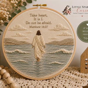 « Prenez courage, c’est moi » Matthieu 14:27 - Modèle de broderie PDF | Jésus marchant sur l’eau | Broderie chrétienne | Bible