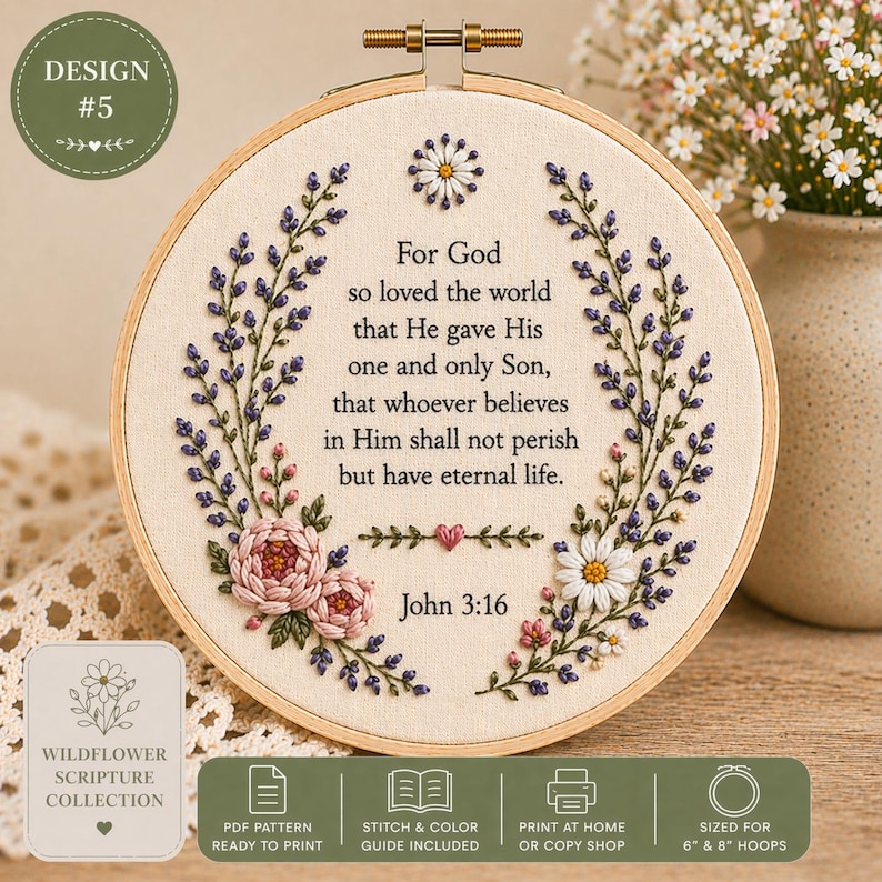 Pick Any 3 Bible Verse Embroidery Patterns, Christian Wildflower ...
