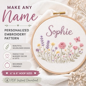Può includere: Un modello di ricamo personalizzato con il nome "Sophie" in filo viola, circondato da un disegno floreale con fiori rosa, gialli e viola e una farfalla. Il testo recita "Make Any Name" e "Personalized Embroidery Pattern."