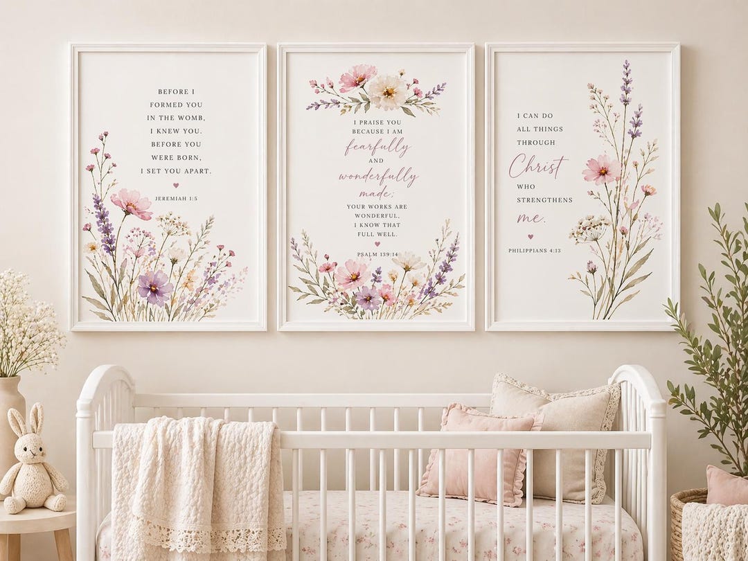 Nursery Bible Verse Wall Art Set of 3 Prints. Floral Christian Nursery ...