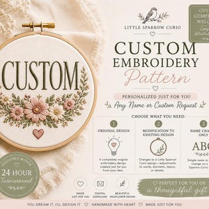 May include: A round wooden embroidery hoop containing white fabric with the word CUSTOM stitched in dark green, surrounded by a floral wreath of pink and white flowers, green leaves, and a small heart. The image includes text detailing custom services.