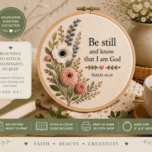 Floral Scripture Embroidery Pattern PDF, Psalm 46:10 Be Still and know that I am God, Christian Hand Embroidery Pattern, Bible Verse Art