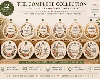 Juego completo de 12 patrones de bordado con versículos bíblicos - Paquete de bordado cristiano de flores silvestres - Patrones en PDF con versículos bíblicos - Descarga instantánea