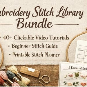 May include: An embroidery kit bundle with the text "Embroidery Stitch Library Bundle". Includes a floral embroidery hoop, thread, scissors, and printed guides. Features 40+ video tutorials, a beginner's guide, and a stitch planner.