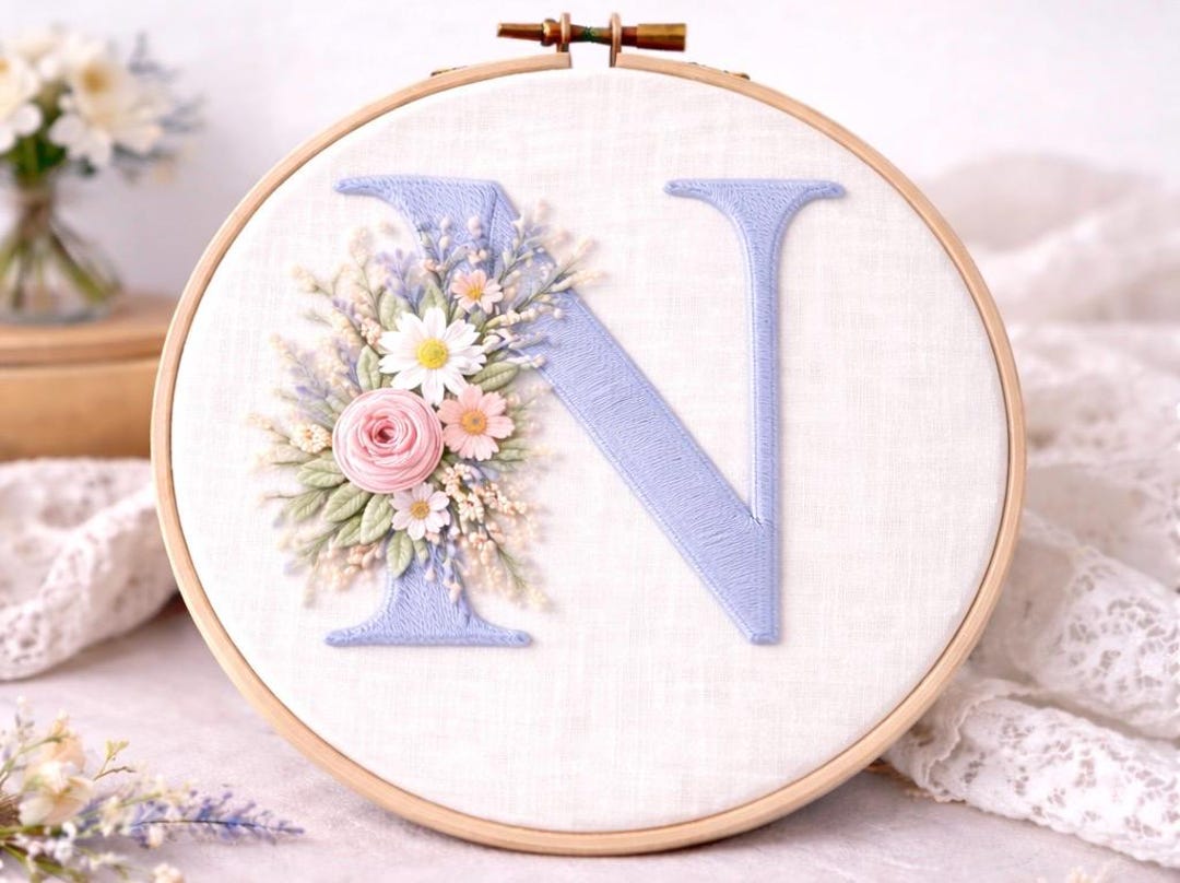 Monogram N Pattern Floral Monogram Embroidery Pattern – Letter N Beginner PDF (instant ...