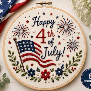 May include: Embroidered hoop art celebrating the 4th of July. The design includes an American flag, fireworks, and the text "Happy 4th of July!". The hoop measures 20 cm in diameter.