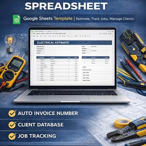 May include: A laptop displaying an electrical estimate spreadsheet, with the text "Electrician Management Spreadsheet." The image includes electrical tools, a multimeter, and a lightbulb. Features include auto invoice numbers, client database, and job tracking.