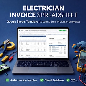 Electrician Invoice Spreadsheet | Google Sheets Template, Client Database (PDF Export)