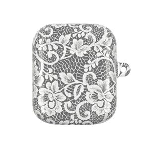 White Floral Lace AirPods Case | Vintage Lace Pattern Cover, Gloss Protective Tech Accessory + Carabiner