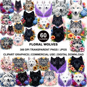 Watercolor Floral Artic Wolf Clipart, 60 PNG Polar Wolf Clipart, Spring Wolf Clipart, Artic Wolf Clipart, Wildlife PNG, Forest Animals PNG